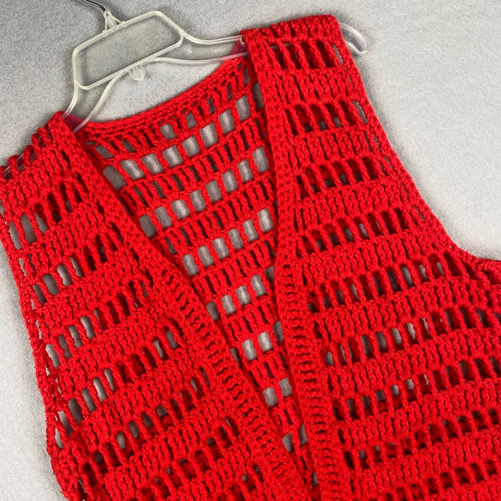 Vintage Red Crochet Fringe Vest Open Knit Sleeveless Boho Festival Top